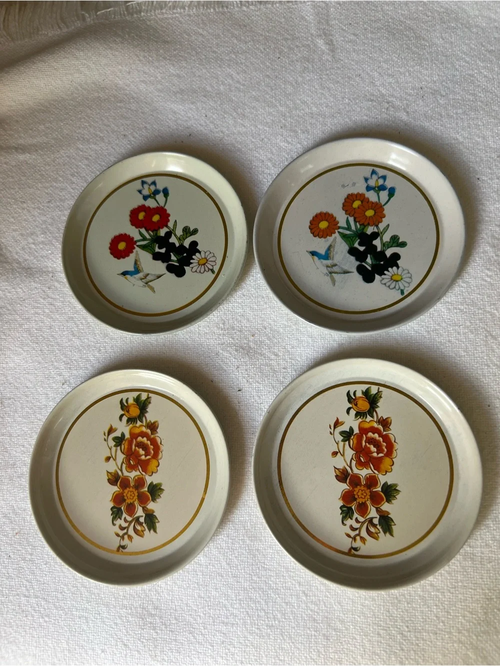 Vintage Floral tin Coasters - White with Orange & Red Floral Design